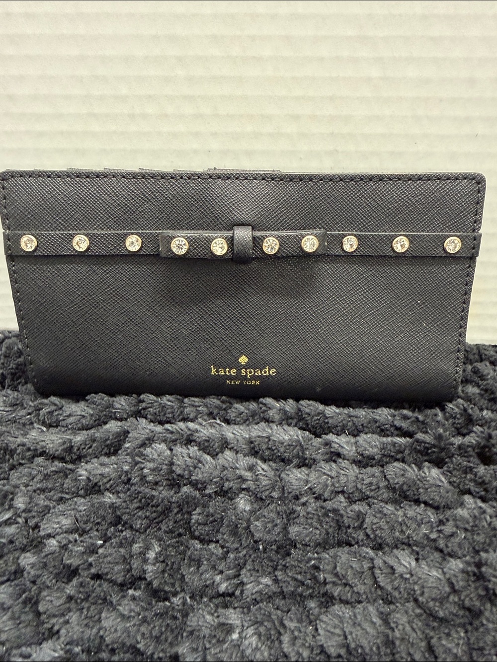 kate spade Black Saffiano Leather Crystal-Stud Bow Wallet
